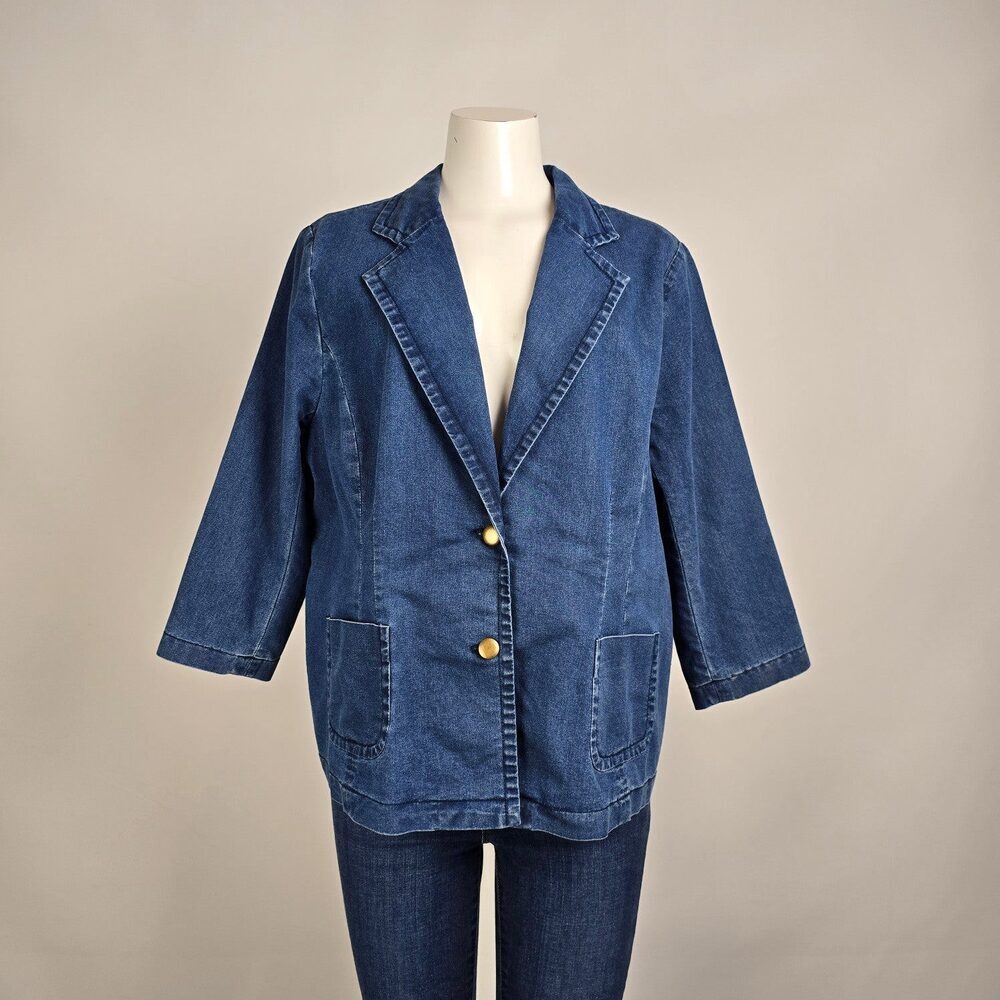 Joan Rivers Denim Blazer Stretch Jean Jacket 3/4 Sleeve Casual Size XL
